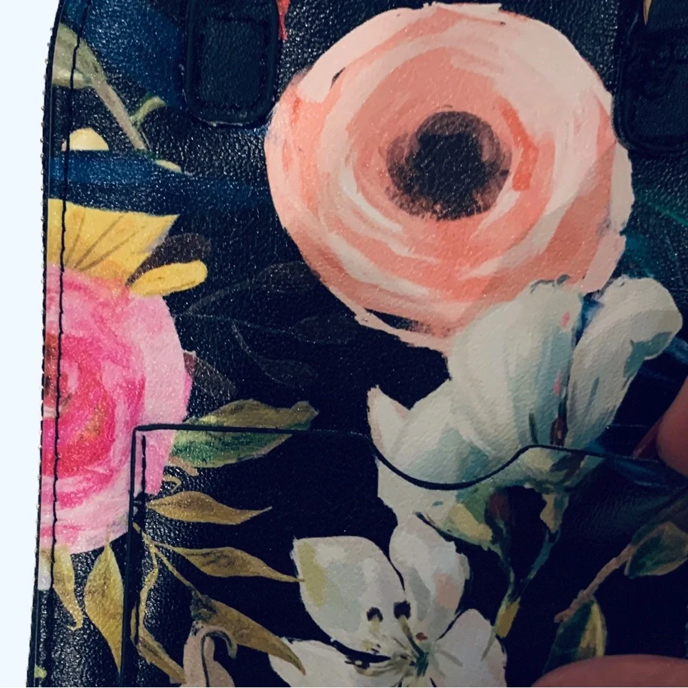MONARQUE PINK FLORAL ON BLACK CROSSBODY BAG PURSE WALLET WATERCOLOR FLORAL PURSE - Picture 9 of 13